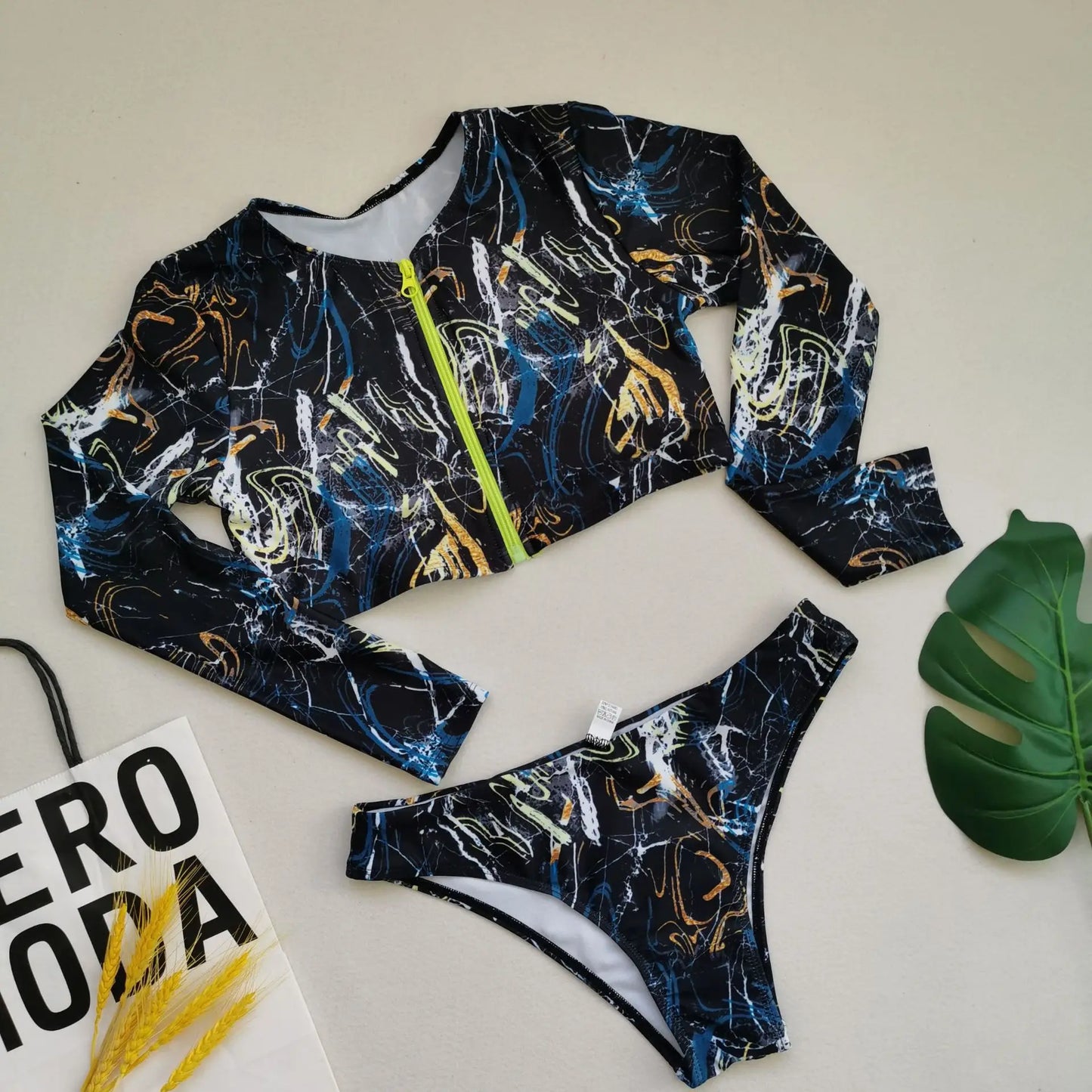 Long Sleeve Zipper Backless High Waist Bikini Set