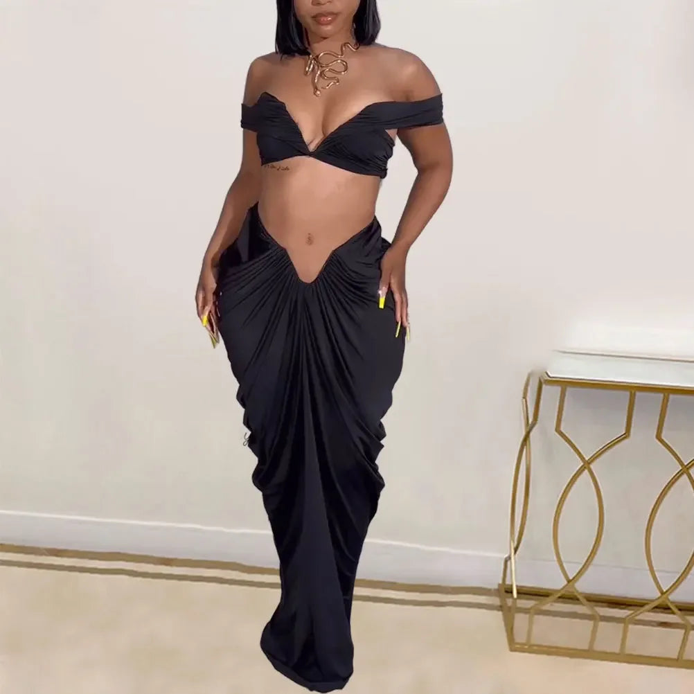 Off Shoulder Crop Top and Low Waist Maxi Skirt Set