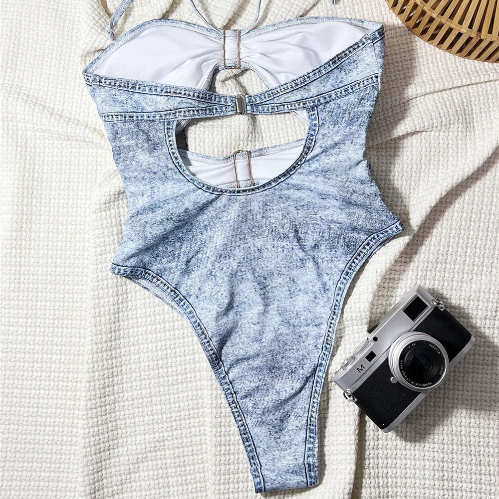 Hollow Out Denim Swimsuit