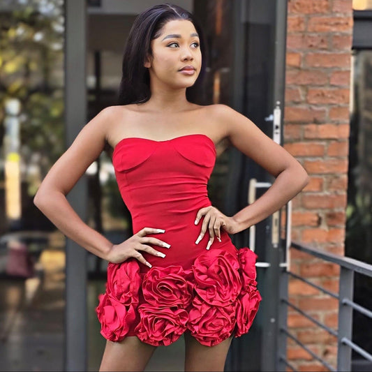 Red Flowers Tube Top Dress