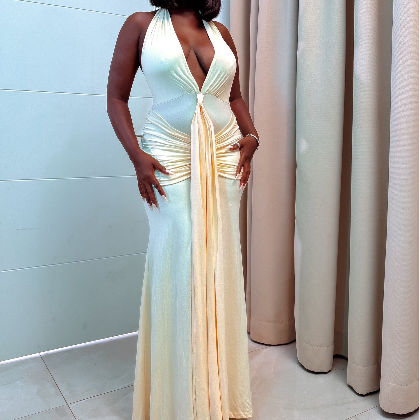 Halter V-Neck Knot Ribbon Dress