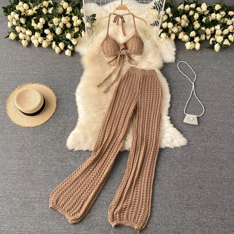 Knitted Top & Wide Leg Long Pant