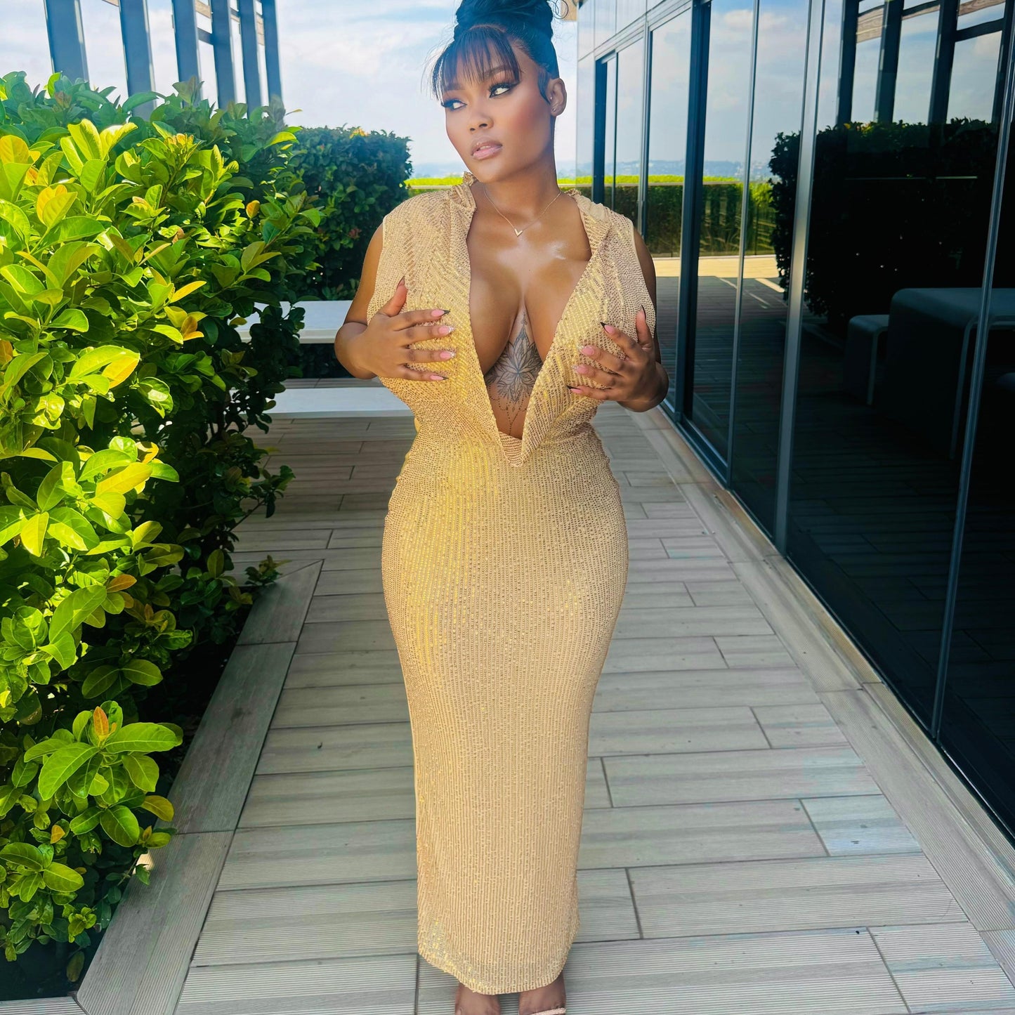 Entle's V-Neck Mesh Sequined Party Dress