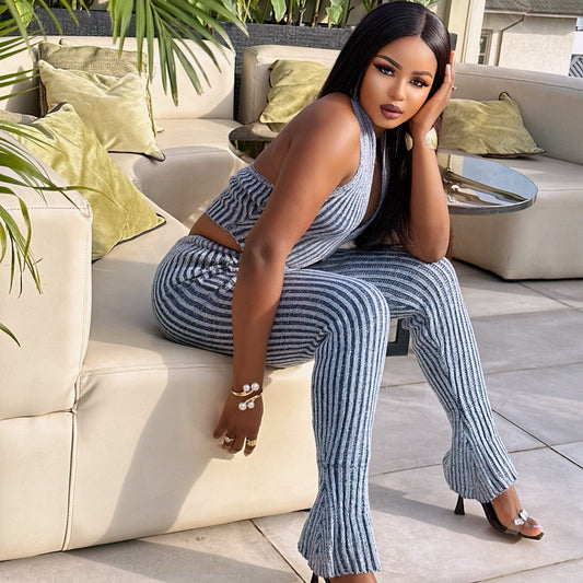 Striped Crochet Halter V-Neck Vest & Pant  Set