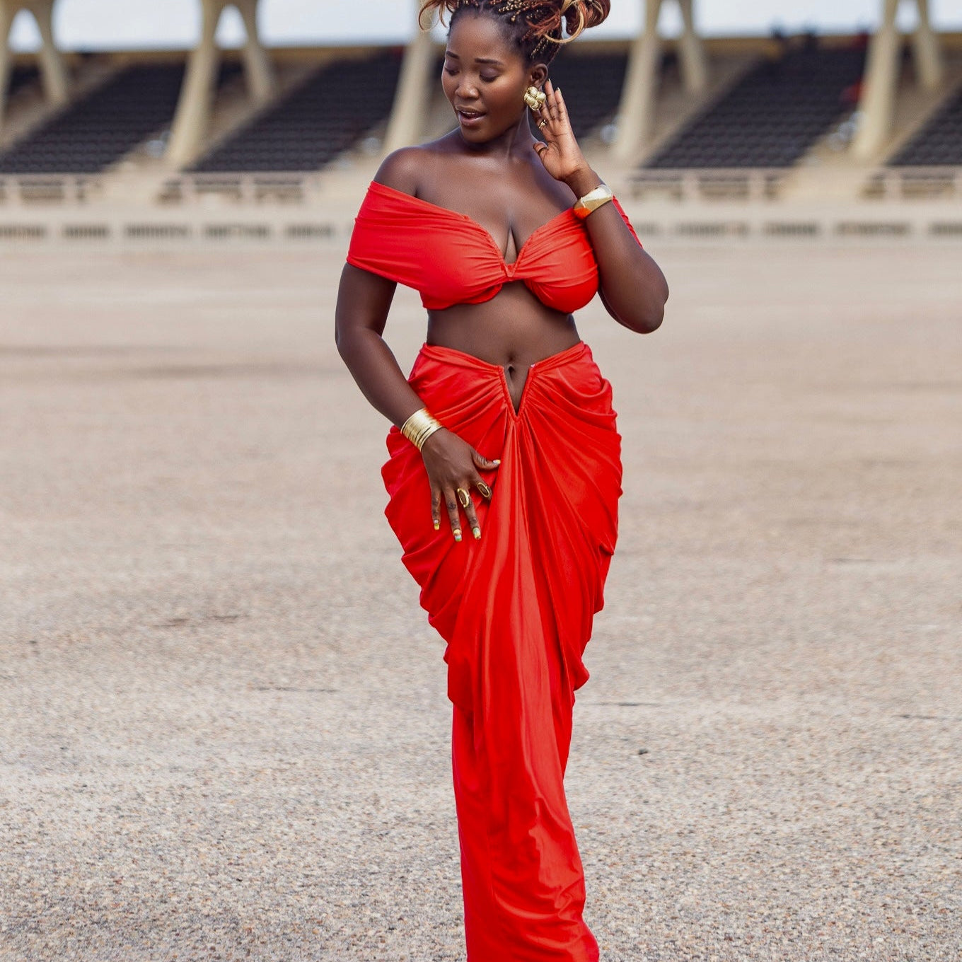 Off Shoulder Crop Top and Low Waist Maxi Skirt Set