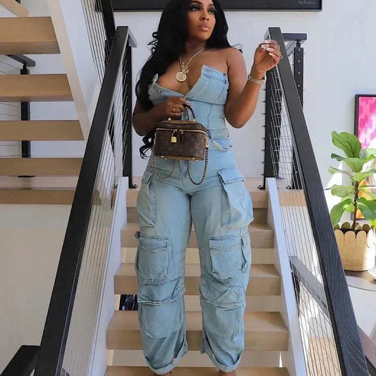 Strapless Button Ruched Cargo Jumpsuit