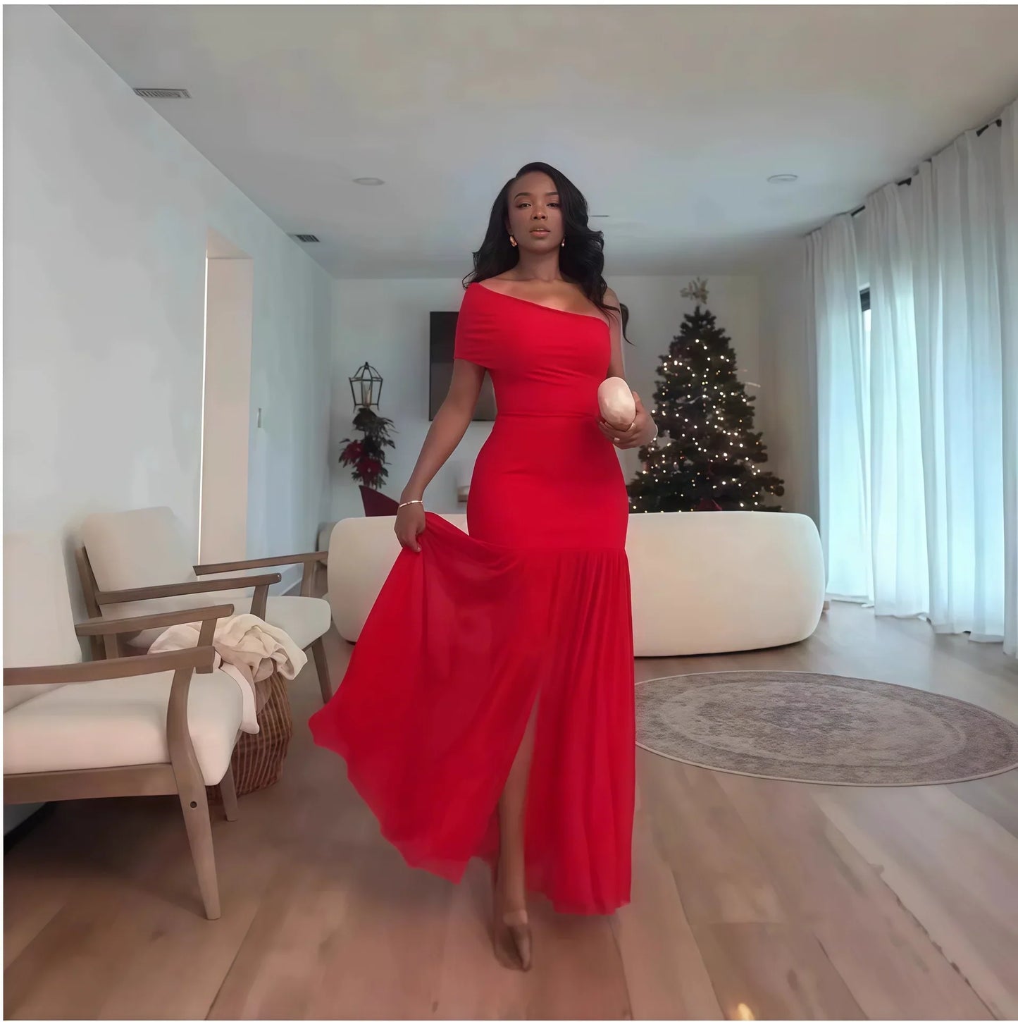 One Shoulder High Split Pleated Maxi Dress