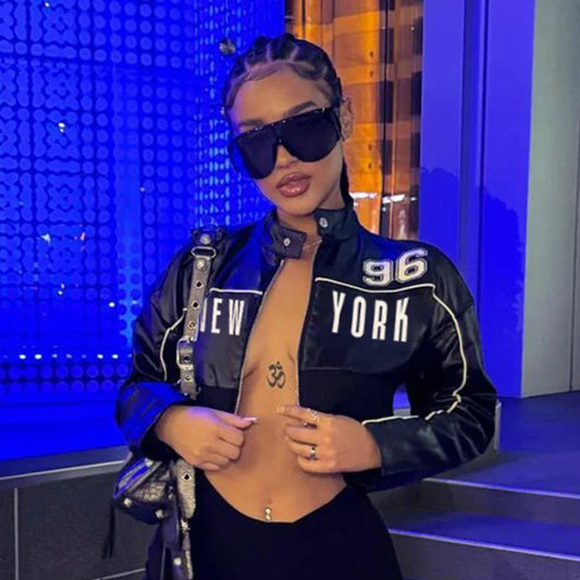 Black Letter Print Cropped Leather Jacket