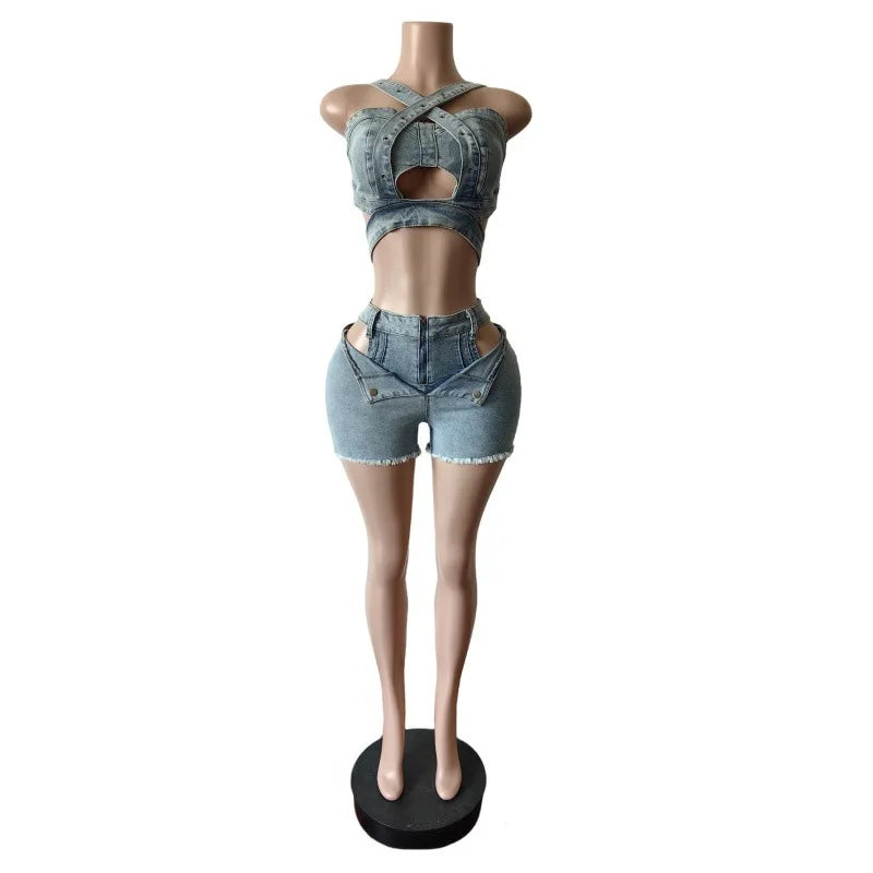 Two Piece Denim Top and Short Set