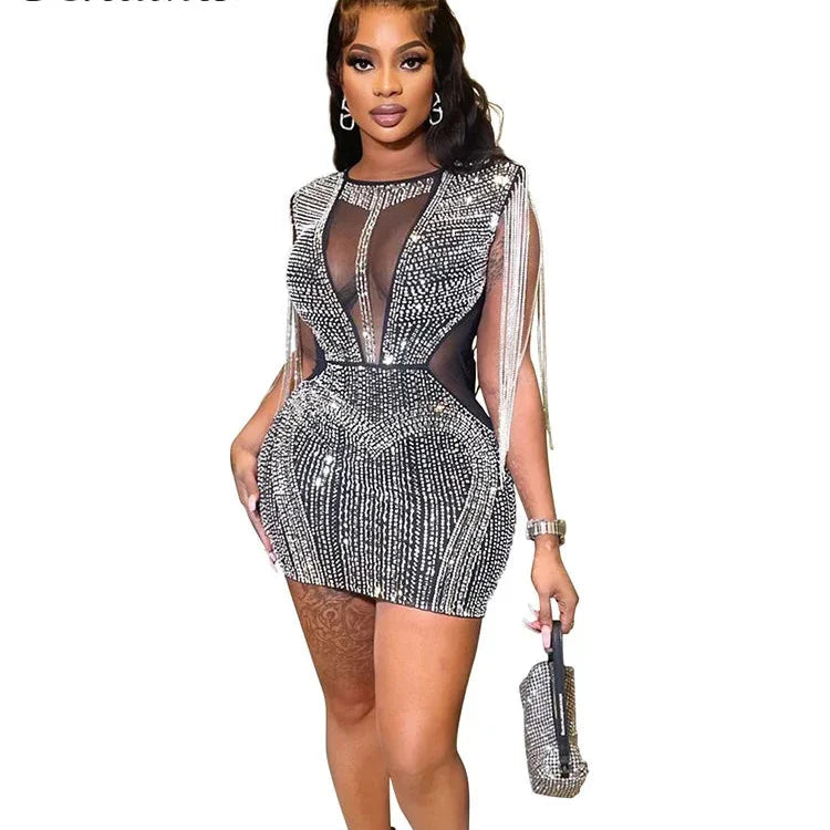 Luxury Mesh Sheer Patchwork Sparkly Night Club Dress