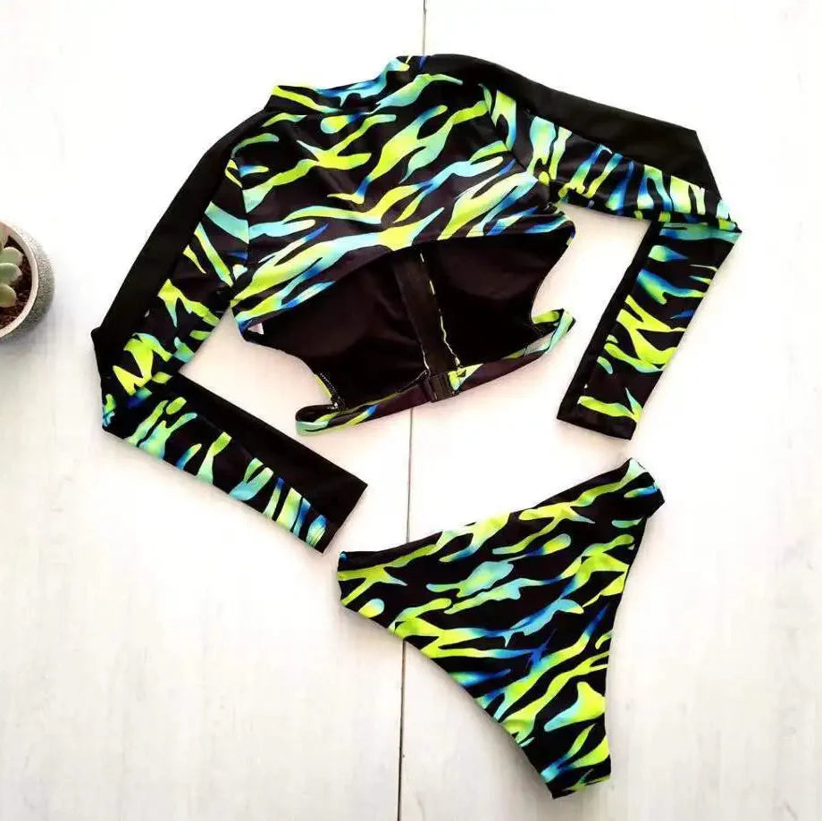 Long Sleeve Zipper Backless High Waist Bikini Set