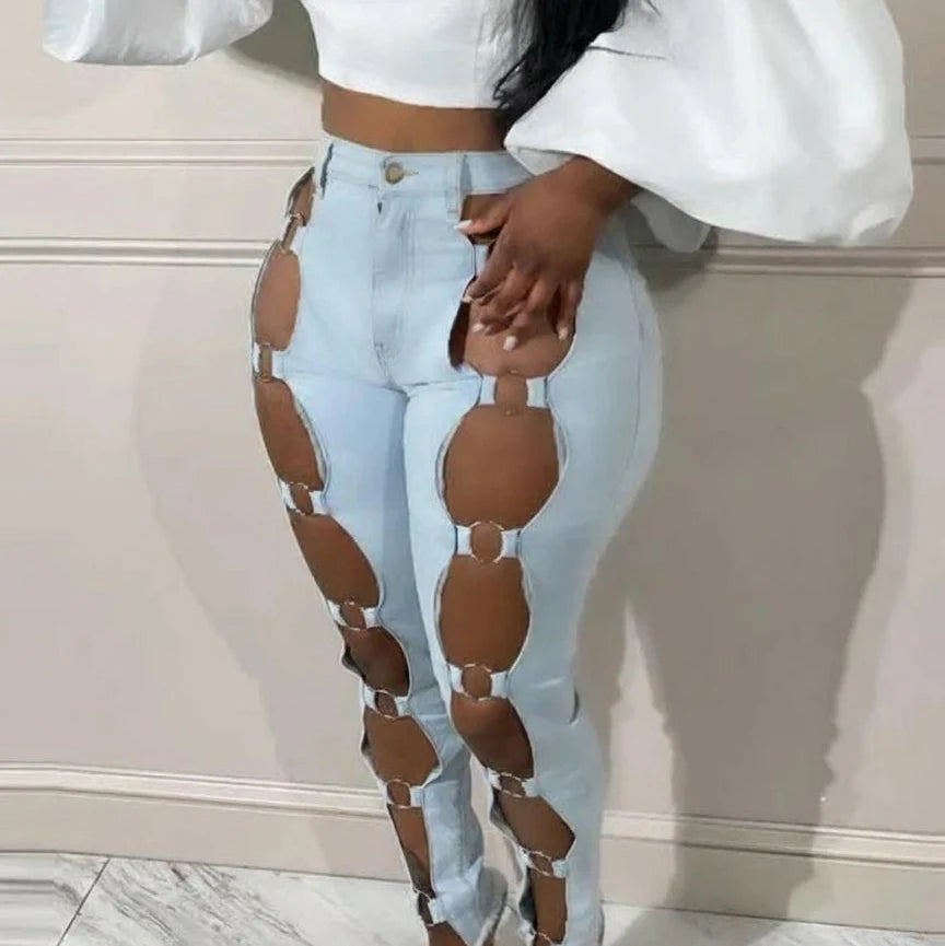 Hollow Out Patchwork Bodycon Denim Pant