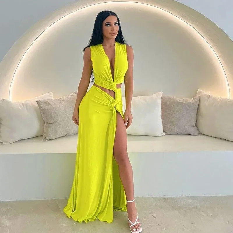 V Neck High Split Maxi Dress