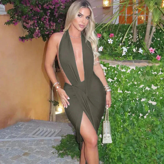 Deep V-Neck Halter Slit Dress