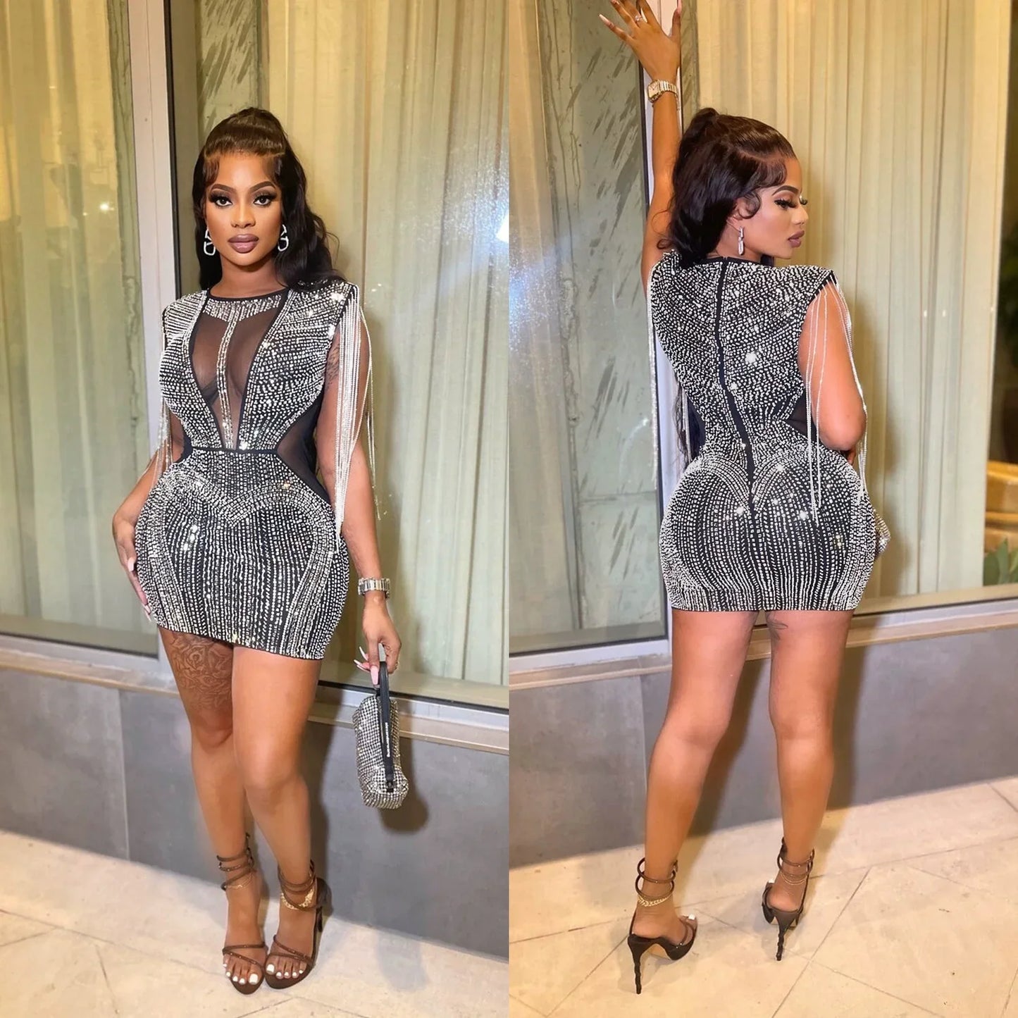 Luxury Mesh Sheer Patchwork Sparkly Night Club Dress