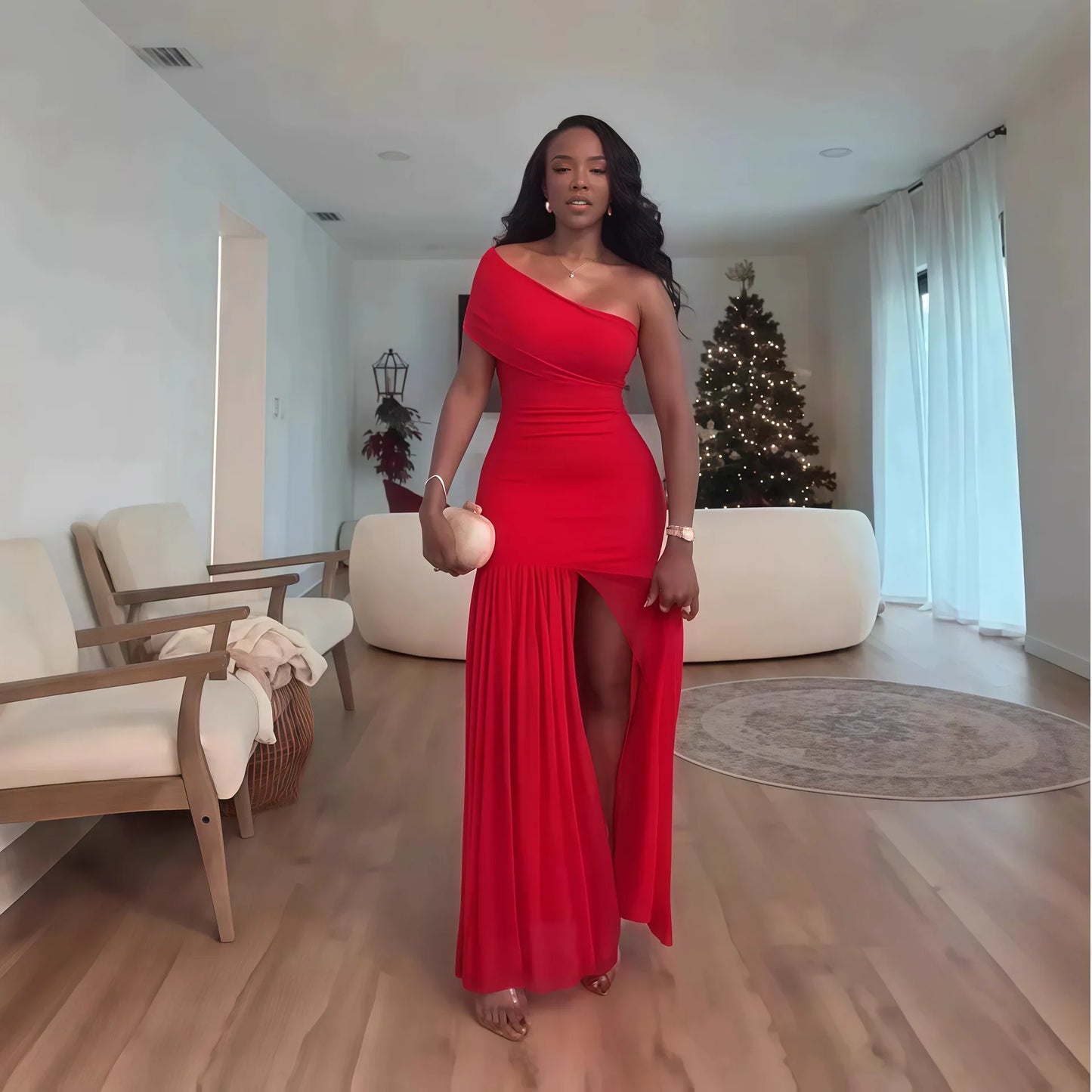 One Shoulder High Split Pleated Maxi Dress