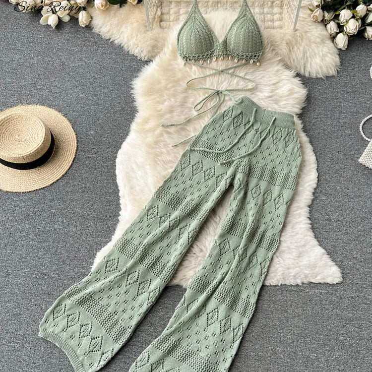 Knitted Top & Wide Leg Long Pant