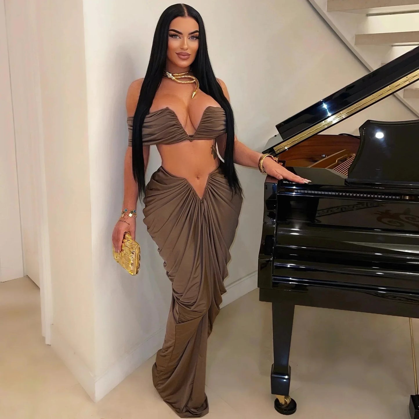 Off Shoulder Crop Top and Low Waist Maxi Skirt Set