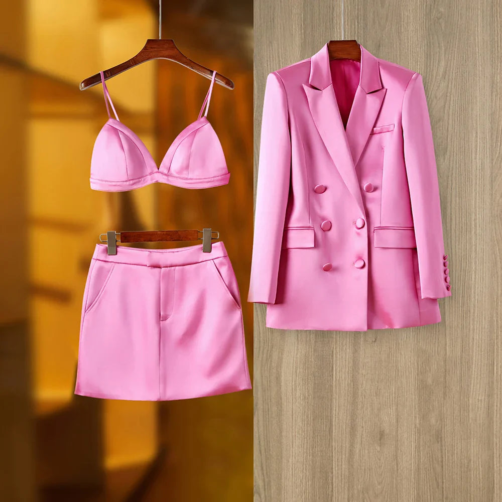 Jana's Solid Double-Breasted Blazer, Mini Skirt, and Bra Set