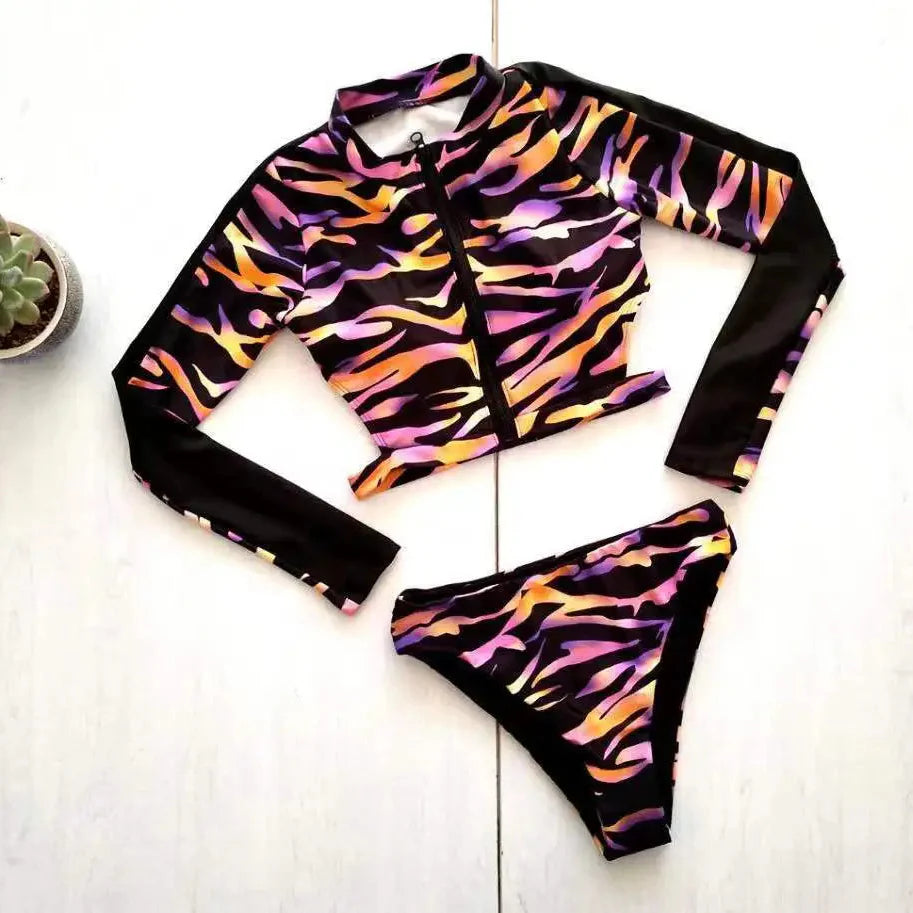 Long Sleeve Zipper Backless High Waist Bikini Set