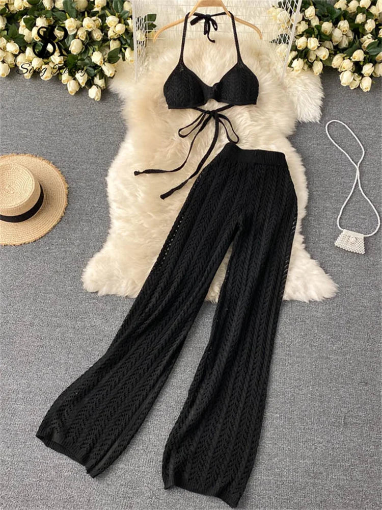 Knitted Top & Wide Leg Long Pant