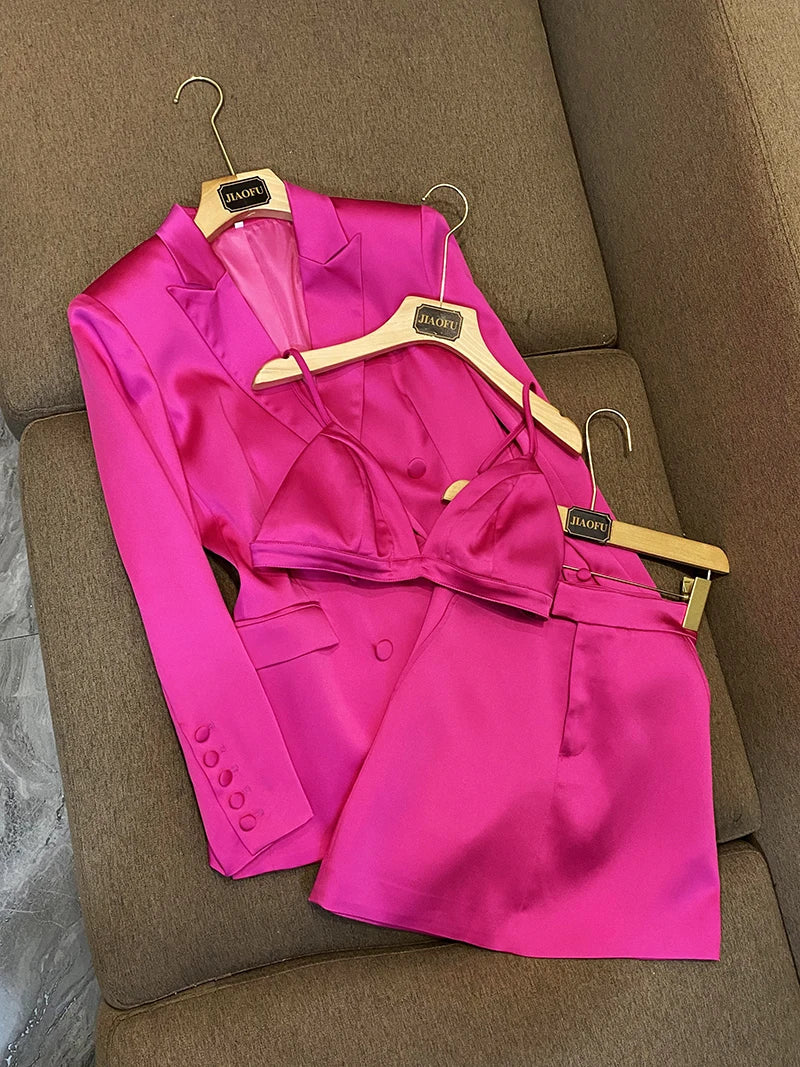 Jana's Solid Double-Breasted Blazer, Mini Skirt, and Bra Set