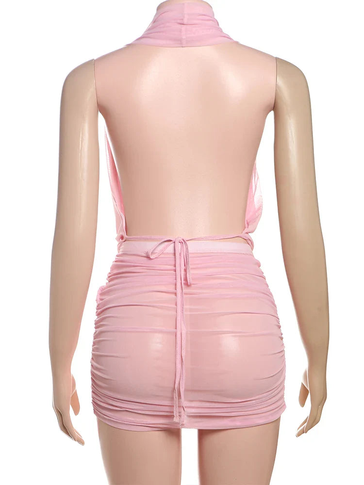 Two Piece Top and Shirring Mini Skirt Set